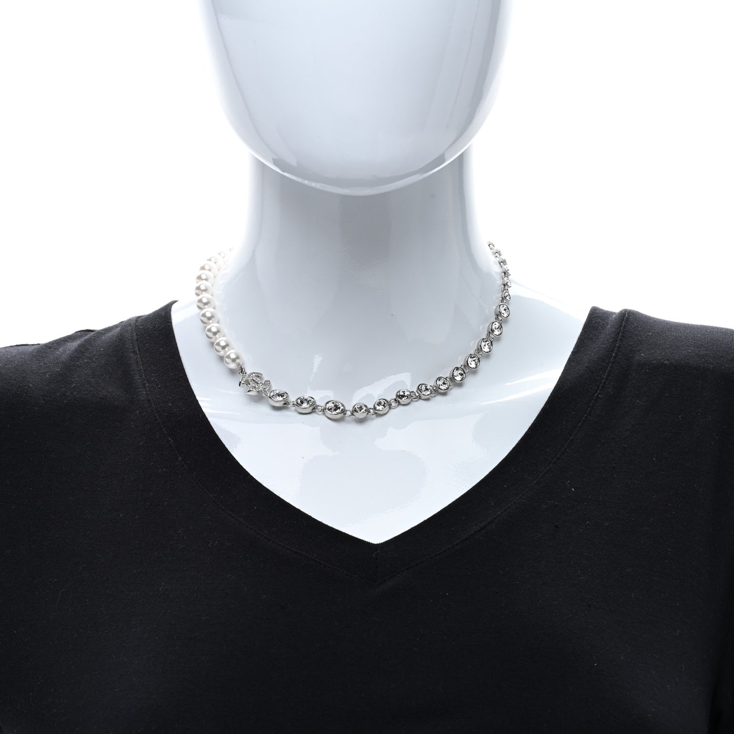 Pearl Crystal CC Choker Necklace Silver