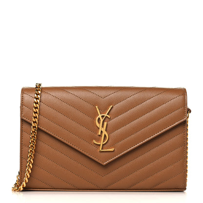 Saint Laurent Grain De Poudre Matelasse Chevron Monogram Chain Wallet Dark Natural 1 of 9