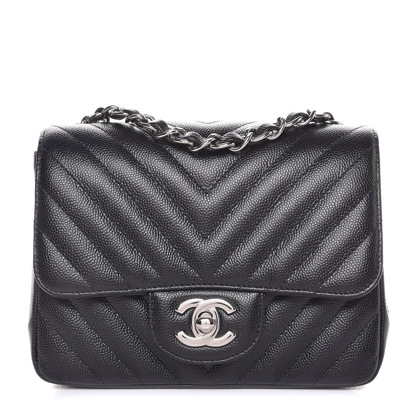 Caviar Chevron Quilted Mini Square Flap Black