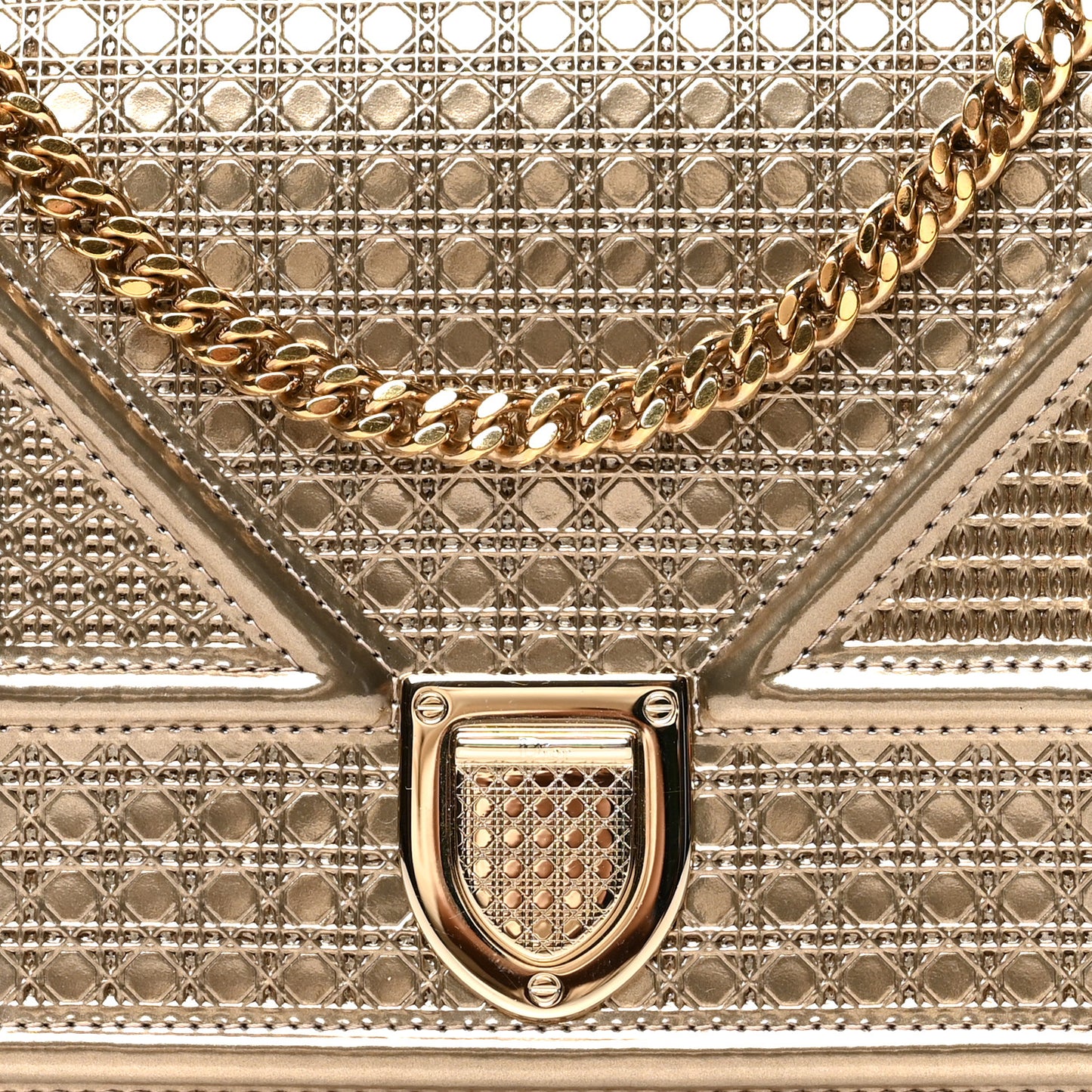 Metallic Patent Micro-Cannage Diorama Wallet on Chain Pouch Gold