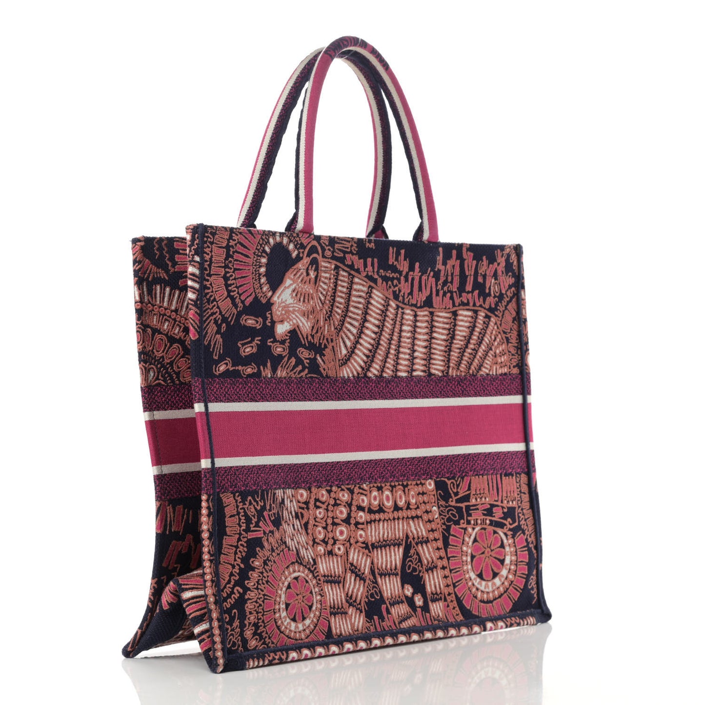 Canvas Embroidered Dior Animals Tiger Book Tote Deep Blue Fuchsia