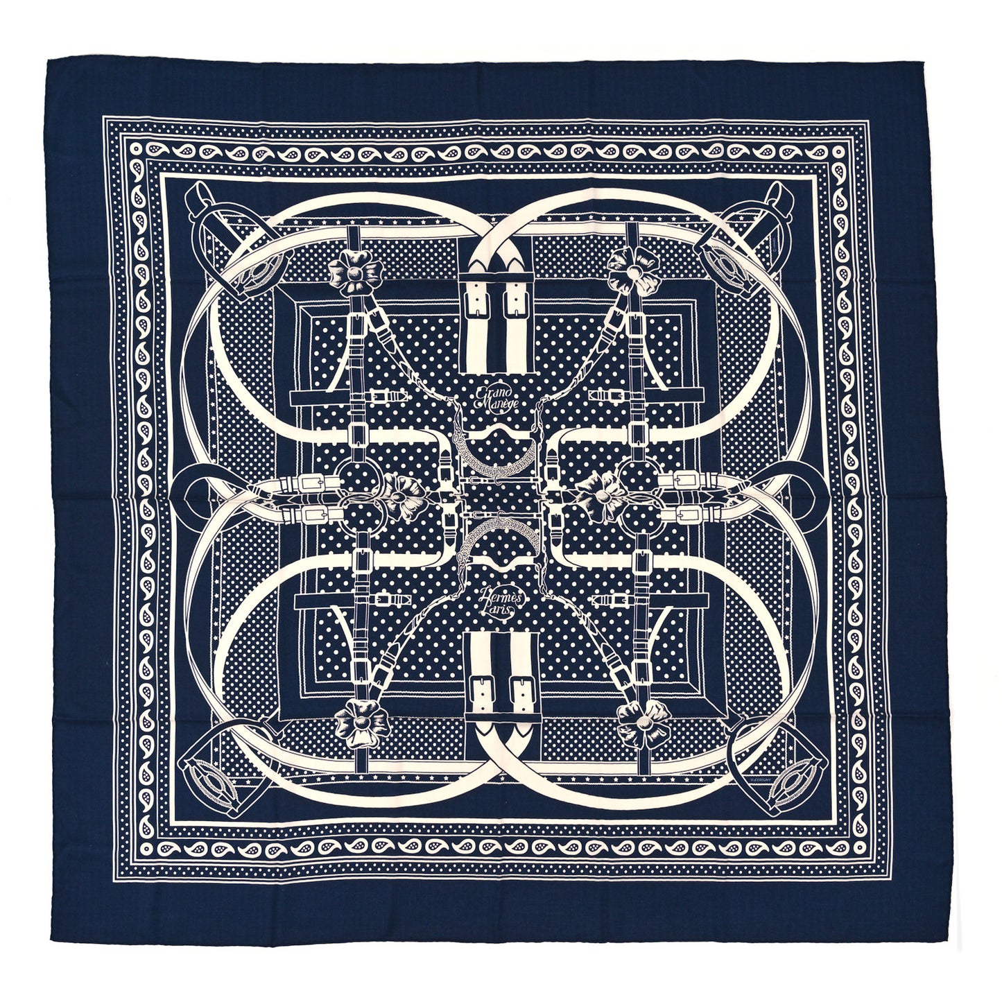 Silk Cashmere Grand Manege Bandana Shawl 140 Marine White