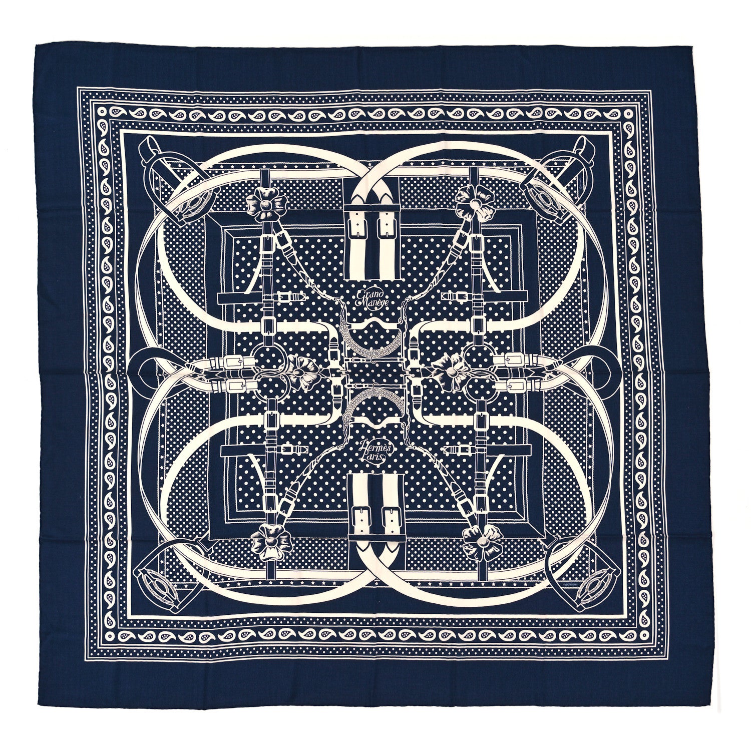 Hermes Silk Cashmere Grand Manege Bandana Shawl 140 Marine White 1 of 3