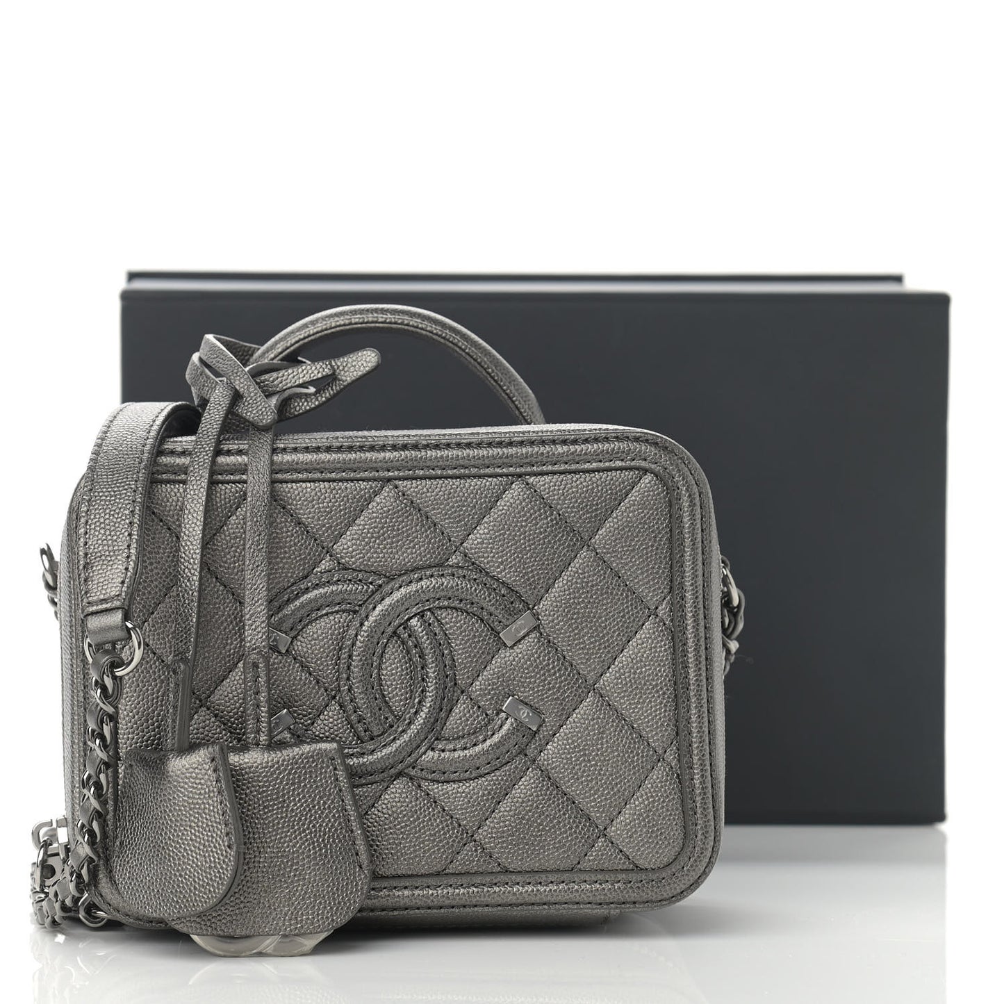 Caviar Quilted Small CC Filigree Vanity Case Dark Silver