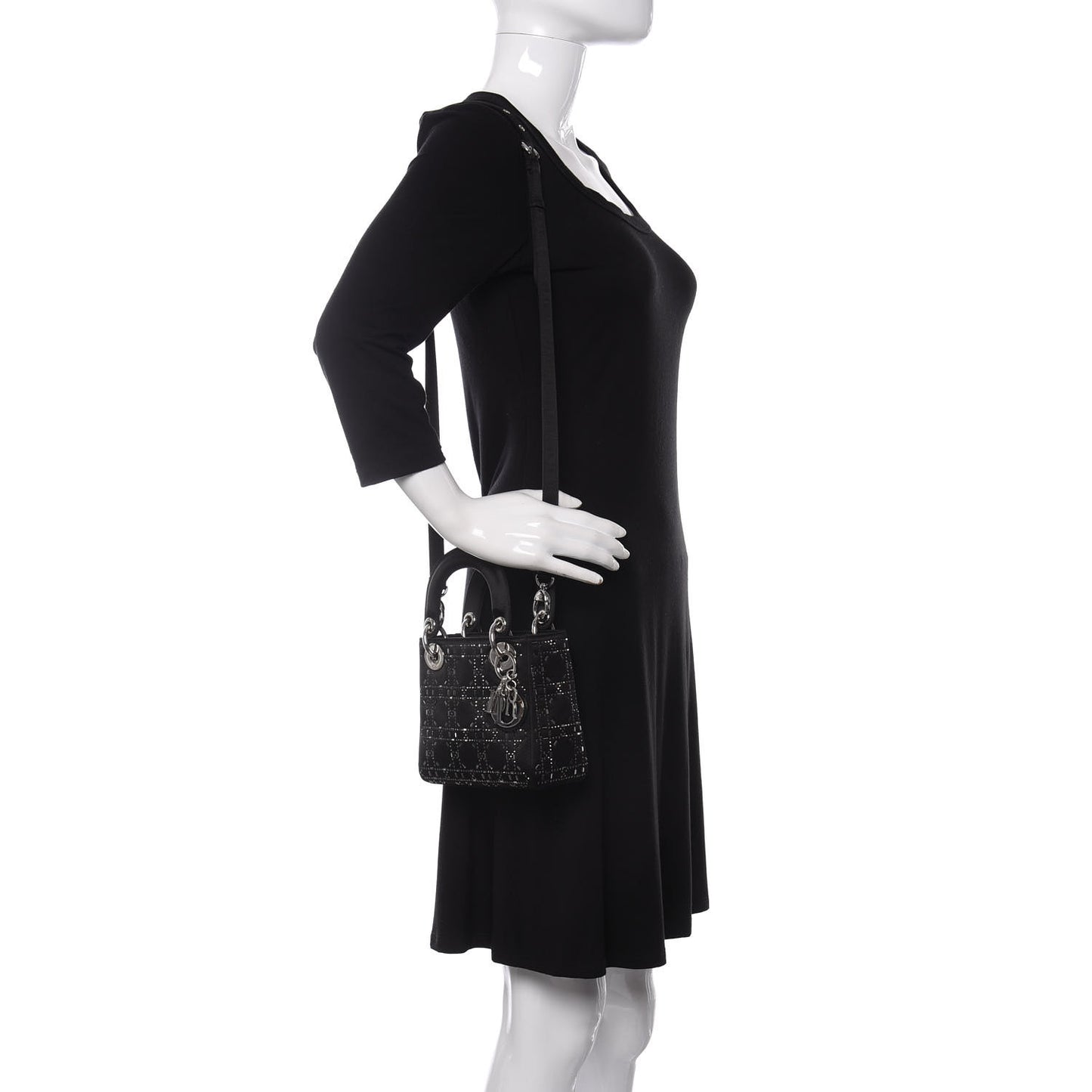 Satin Crystal Cannage Mini Lady Dior Black