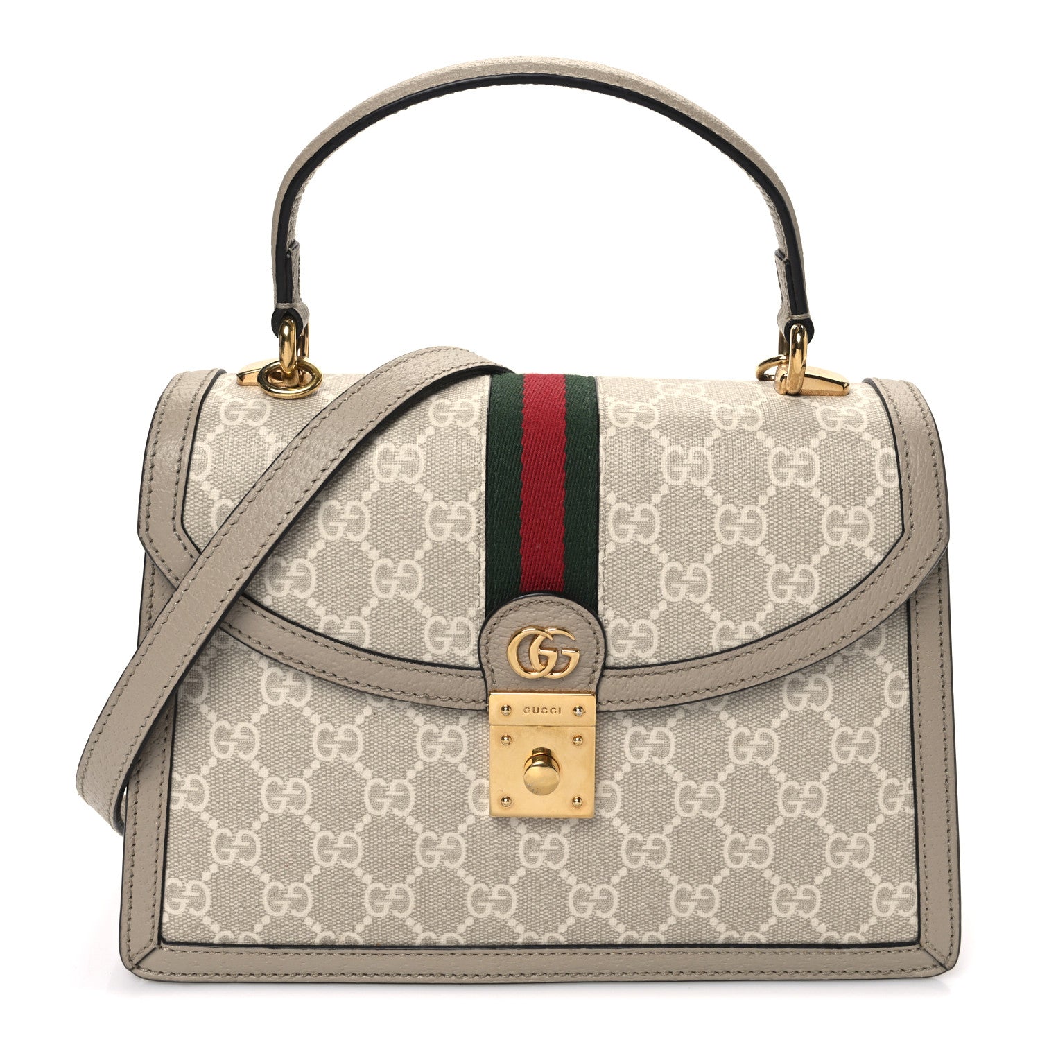 Gucci GG Supreme Monogram Textured Dollar Calfskin Web Small Ophidia Padlock Top Handle Bag Beige Mystic White Oatmeal 1 of 12