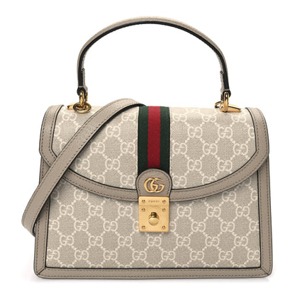 Gucci GG Supreme Monogram Textured Dollar Calfskin Web Small Ophidia Padlock Top Handle Bag Beige Mystic White Oatmeal 1 of 12