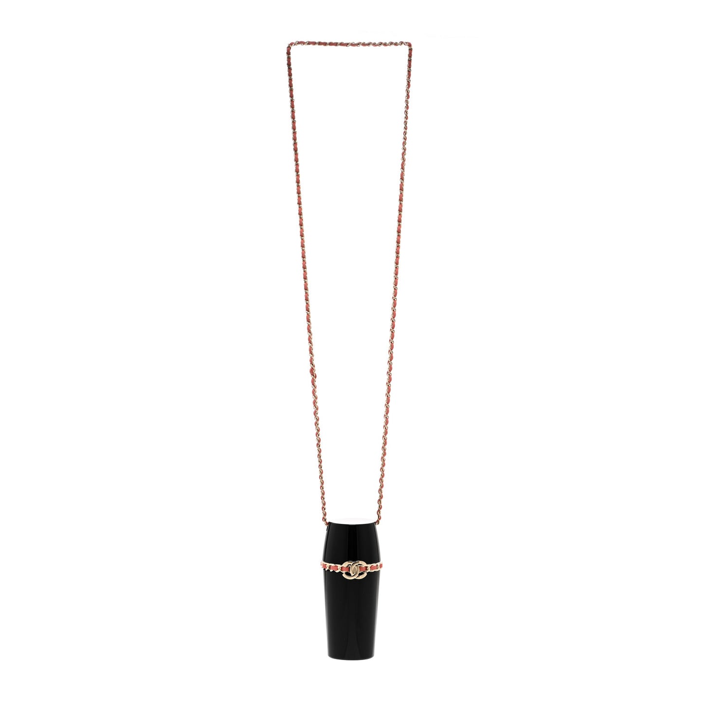 Resin Lambskin Chain CC Lipstick Case Necklace Black Pink