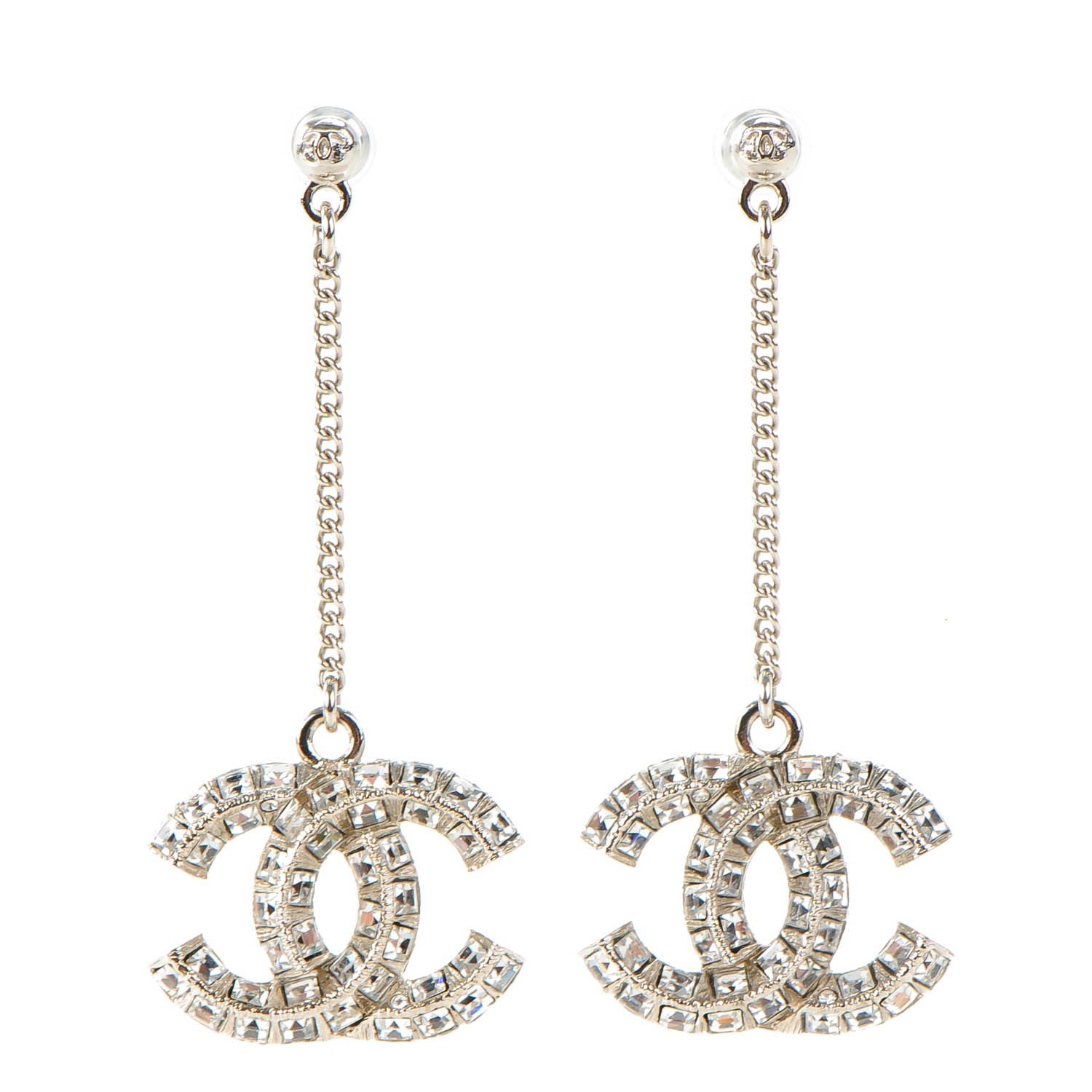 Chanel Baguette Crystal CC Dangle Earrings Silver 1 of 5