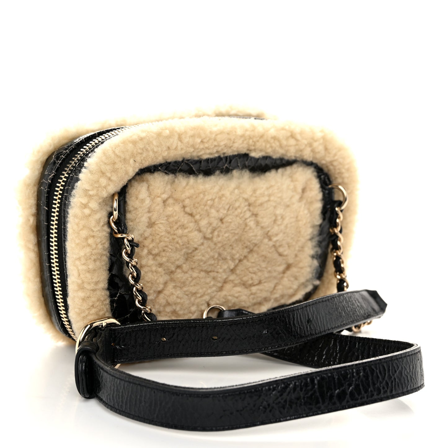 Shiny Crumpled Sheepskin Shearling Waist Bag Black Beige