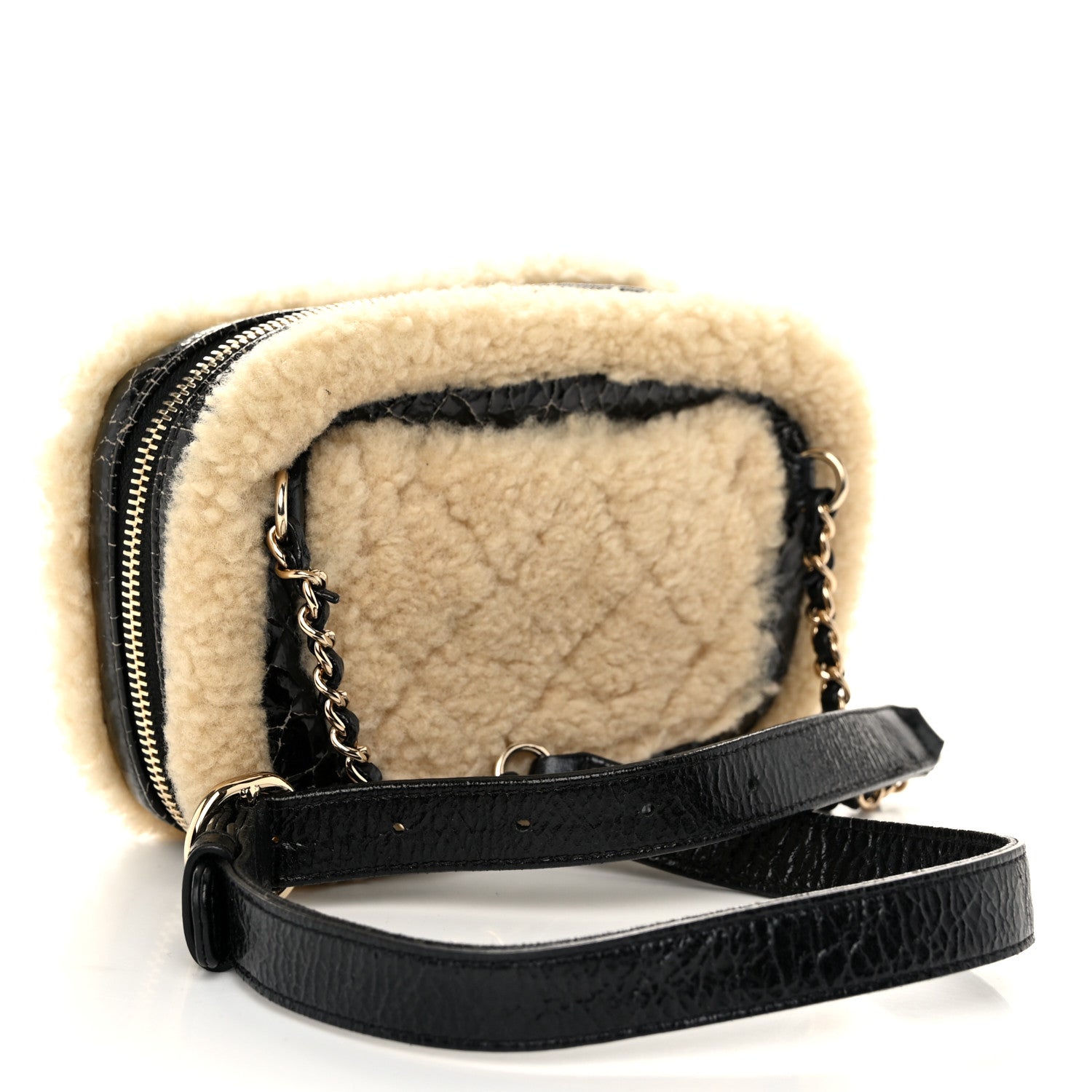 Chanel Shiny Crumpled Sheepskin Shearling Waist Bag Black Beige 3 of 10