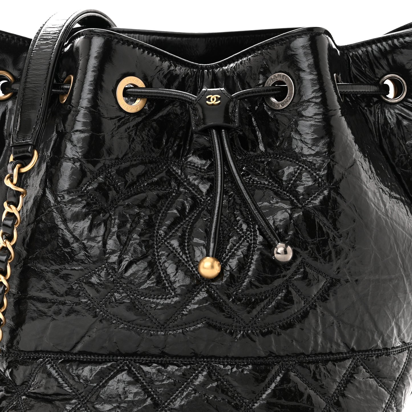 Shiny Aged Calfskin CC Chain Drawstring Bag Black