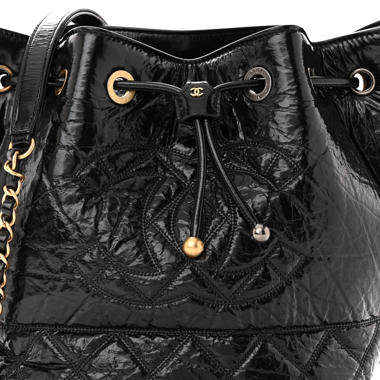 Chanel Shiny Aged Calfskin CC Chain Drawstring Bag Black 8 of 11