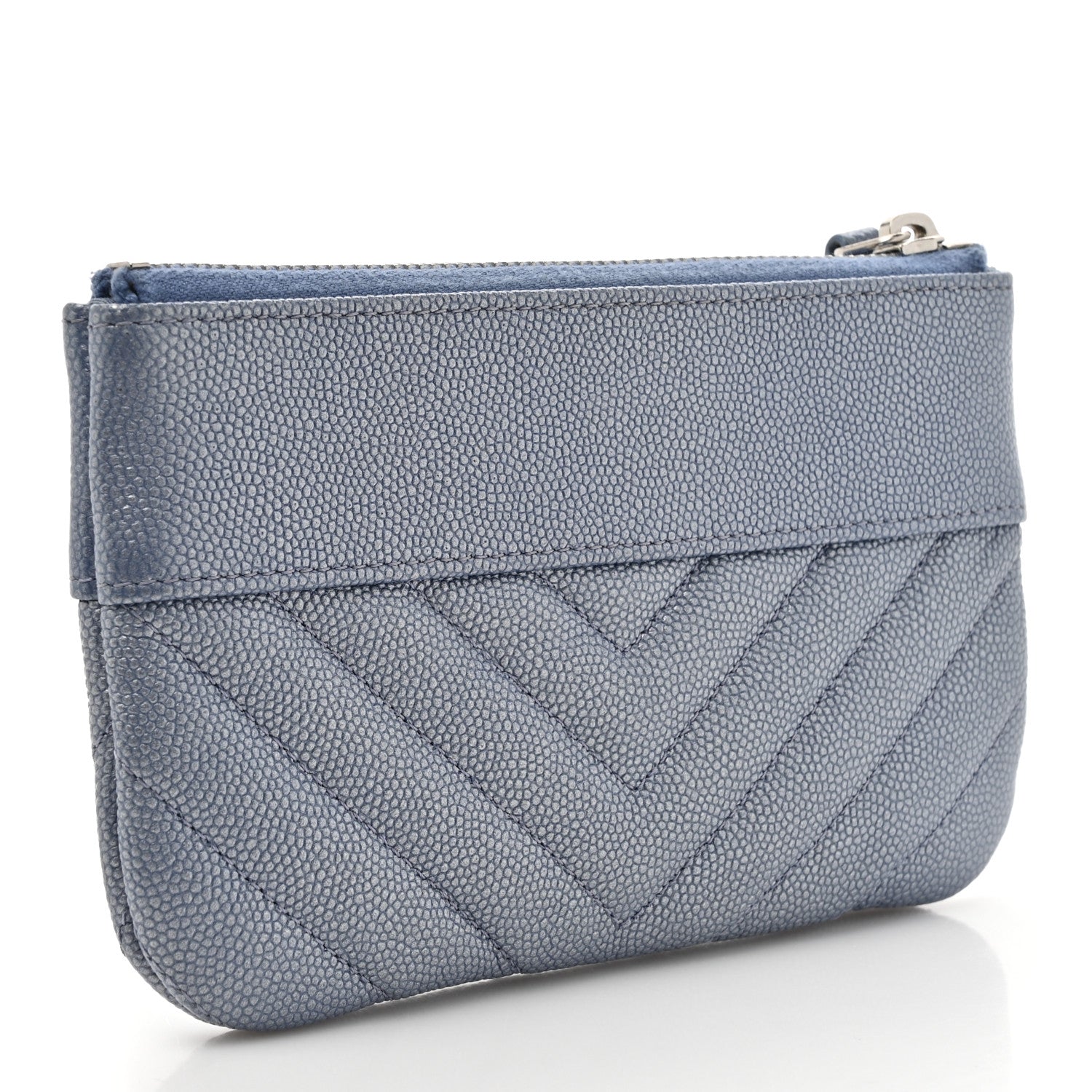 Chanel Metallic Caviar Chevron Quilted Small Vintage Mademoiselle Cosmetic Case Blue 3 of 8