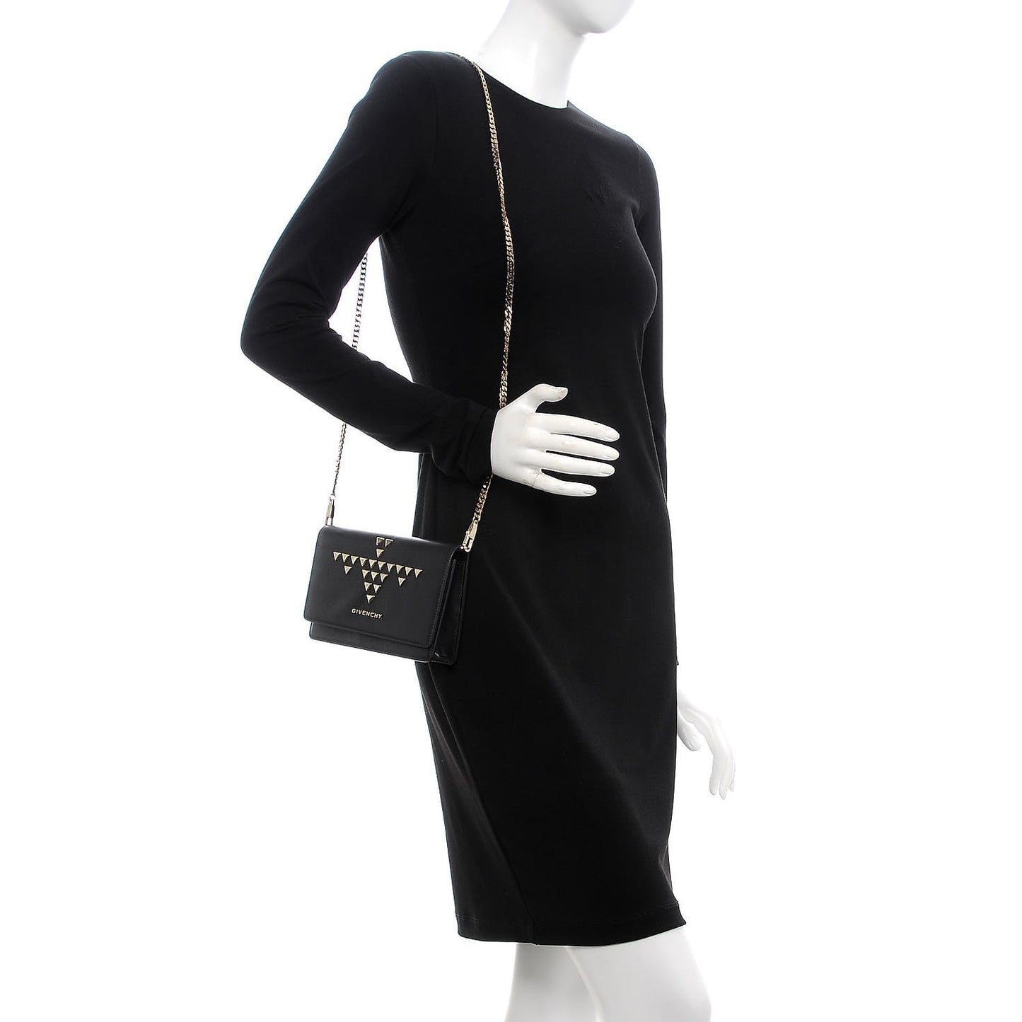 Calfskin Triangle Studded Pandora Chain Wallet Black
