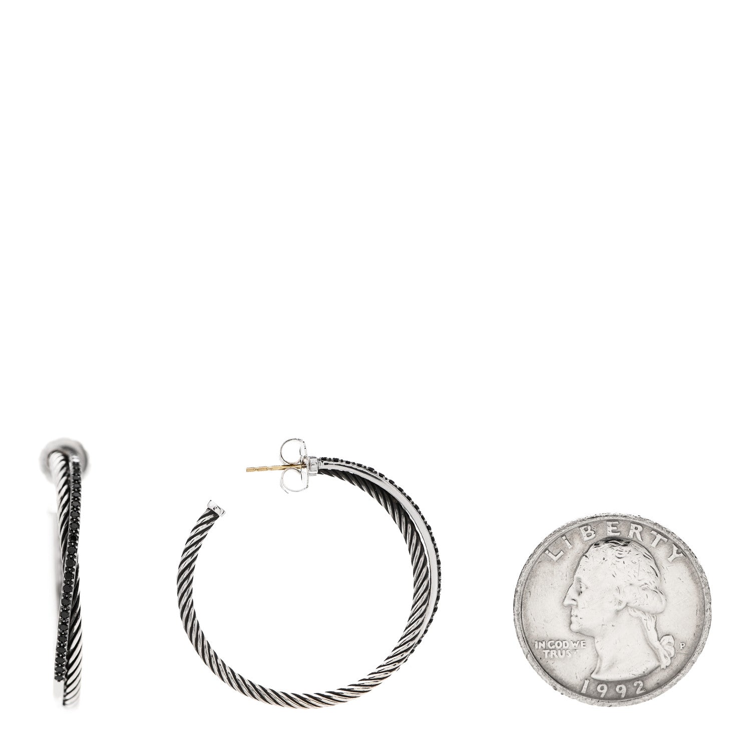 David Yurman Sterling Silver 14K White Gold Black Diamond Crossover Hoop Earrings 2 of 4