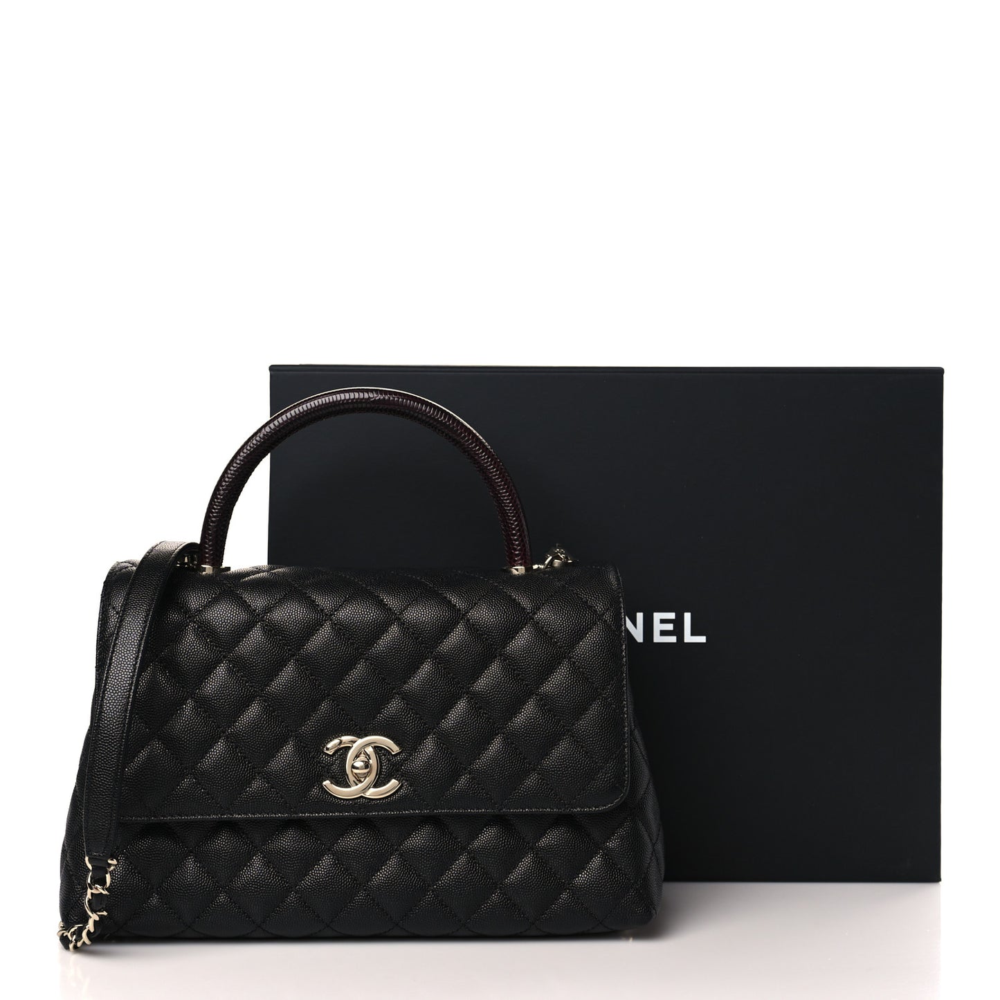 Caviar Lizard Embossed Quilted Small Coco Handle Flap Black