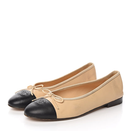Chanel Lambskin Cap Toe CC Ballerina Flats 41 Beige Black 3 of 8