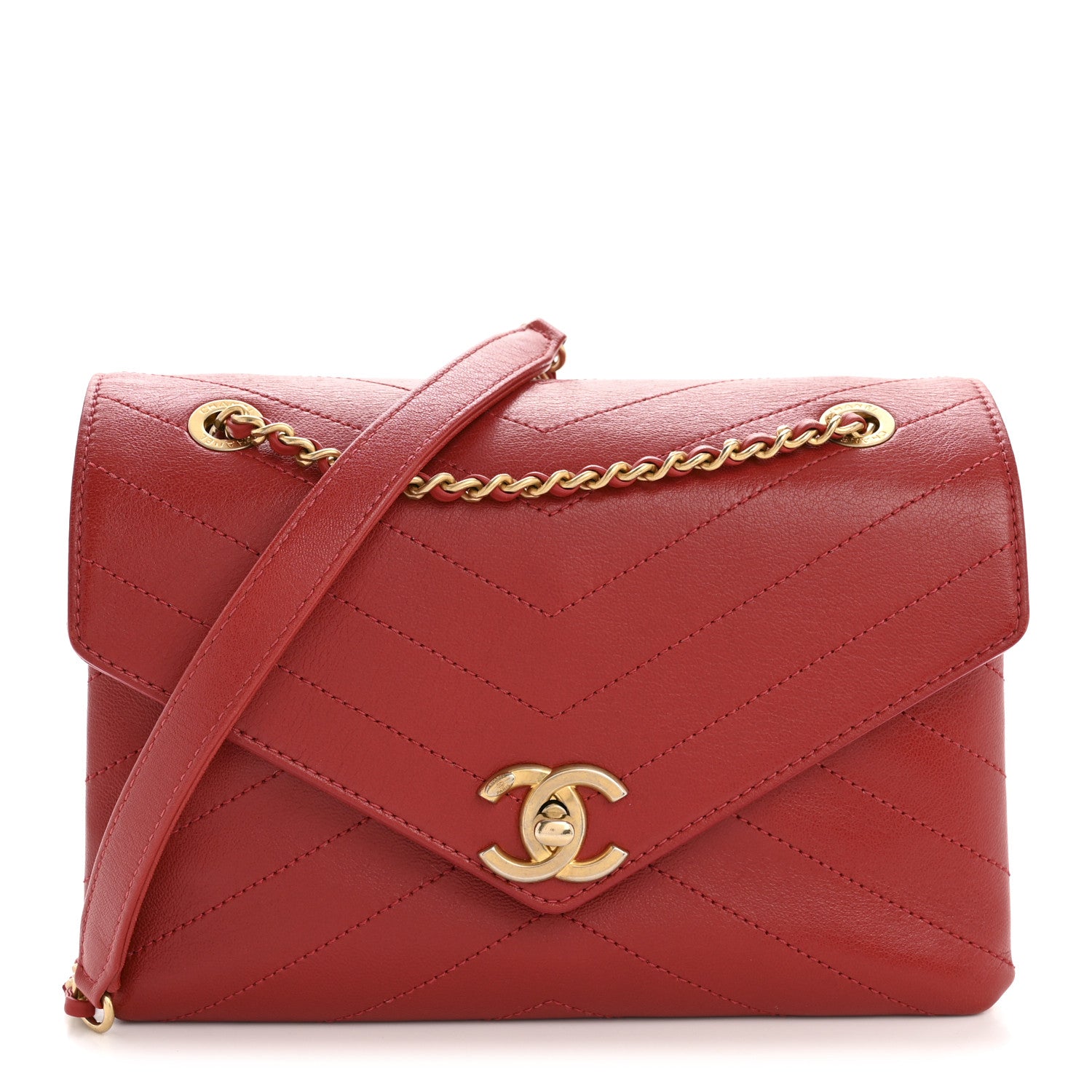 Chanel Lambskin Chevron Stitched Envelope Flap Bag Red 1 of 13