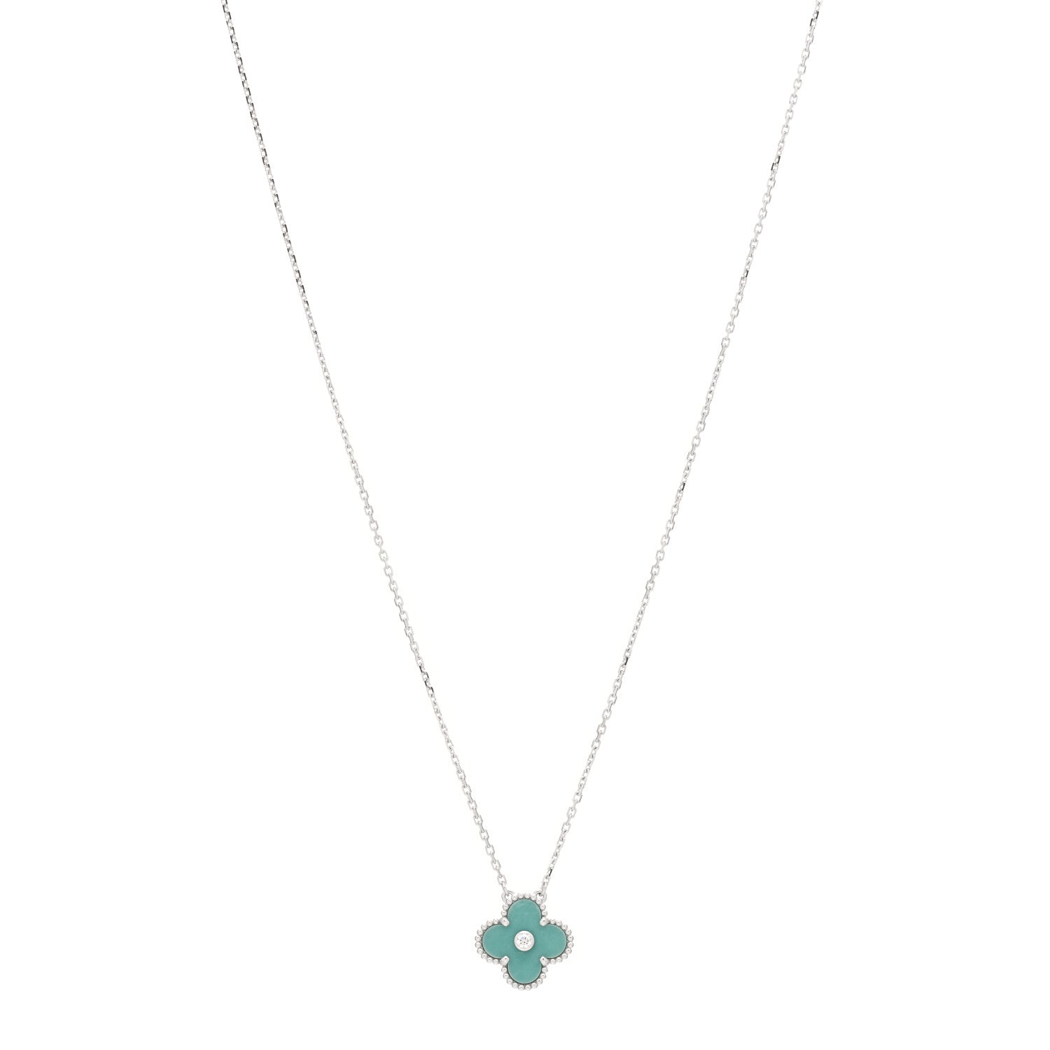 Van Cleef & Arpels 18K White Gold Diamond Celadon Green Sevres Porcelain Vintage Alhambra Pendant Necklace 1 of 3