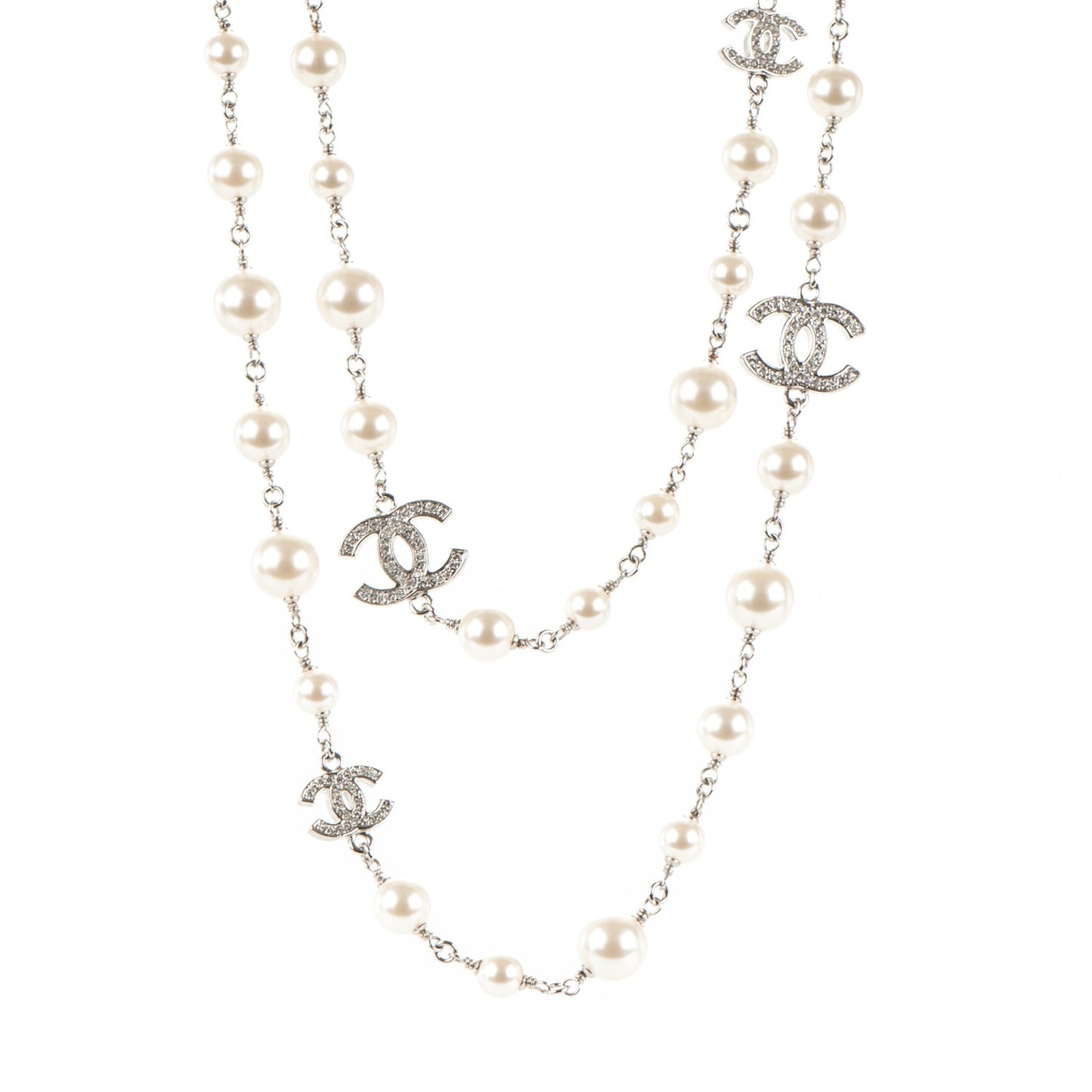 Crystal Pearl CC Long Necklace Silver