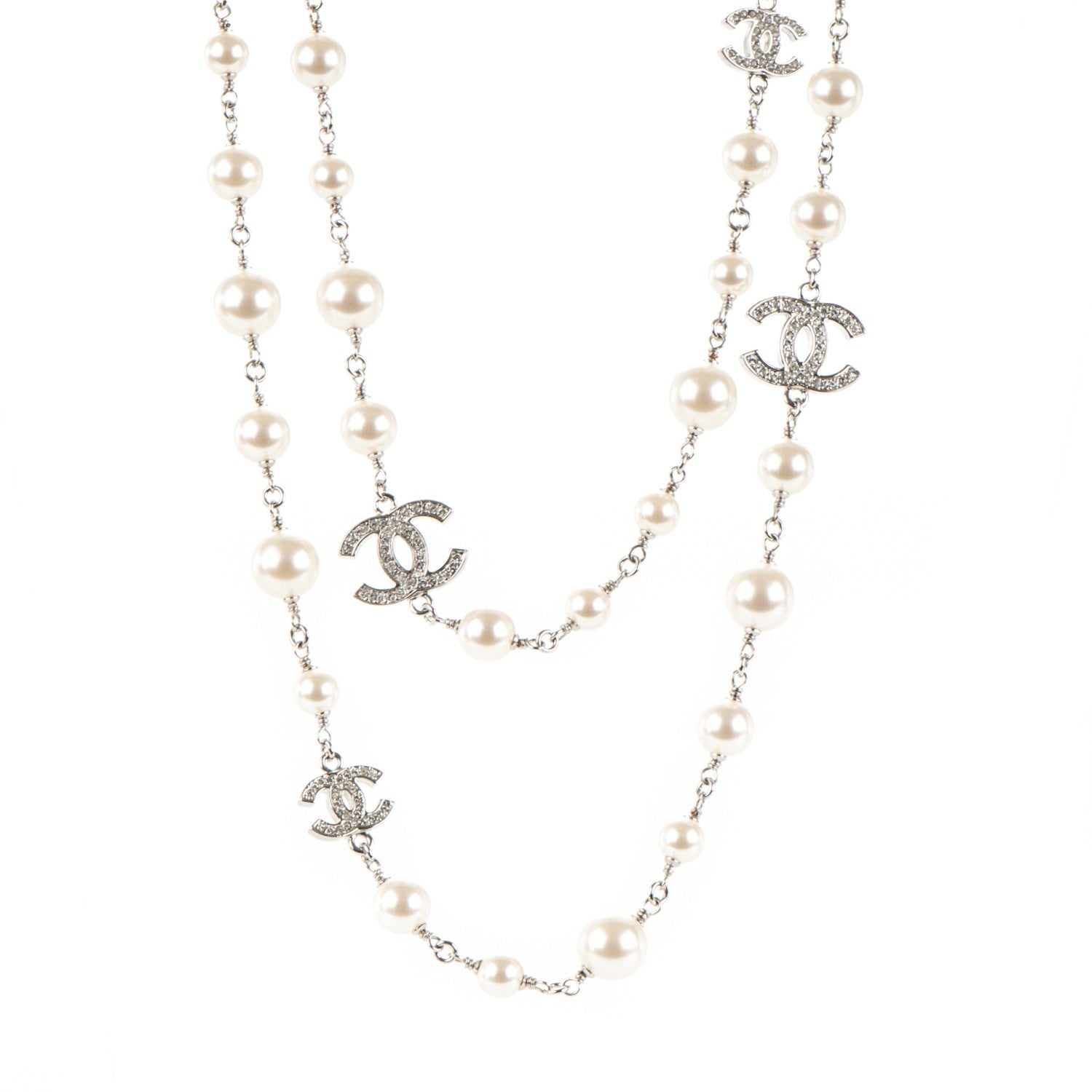 Chanel Crystal Pearl CC Long Necklace Silver 1 of 4