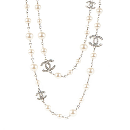 Chanel Crystal Pearl CC Long Necklace Silver 1 of 4