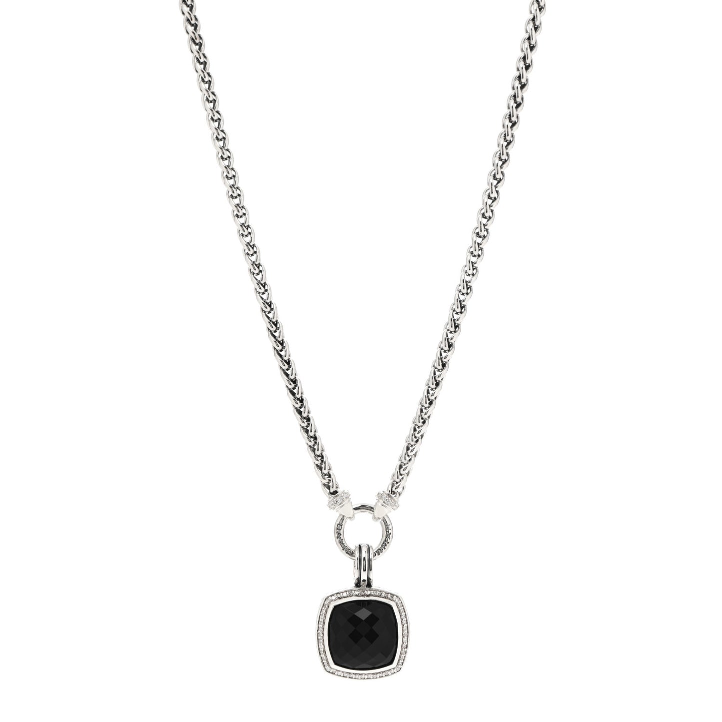 Sterling Silver Diamond Black Onyx 16mm Albion Wheat Chain Pendant Necklace