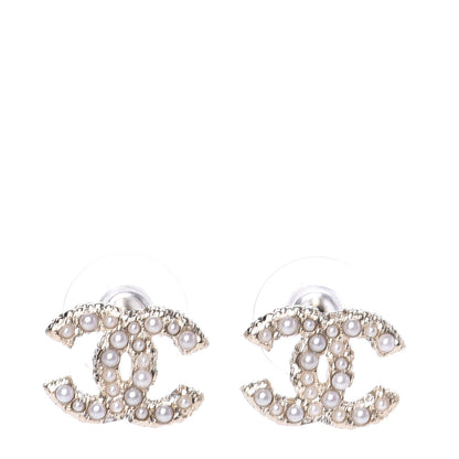 Chanel Metal Graduated Pearl Crystal CC Earrings Light Gold 1 of 5