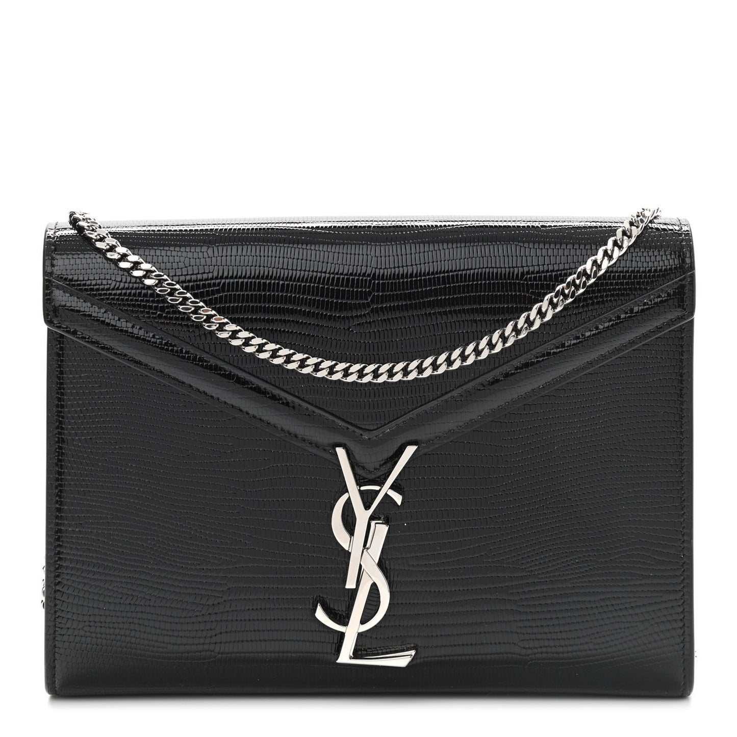 Patent Lizard Embossed Monogram Cassandra Chain Wallet Black