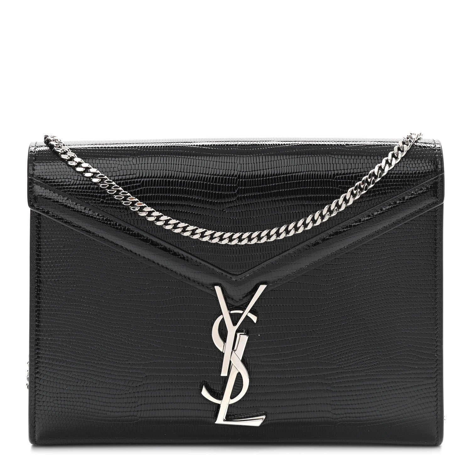 Saint Laurent Patent Lizard Embossed Monogram Cassandra Chain Wallet Black 1 of 11