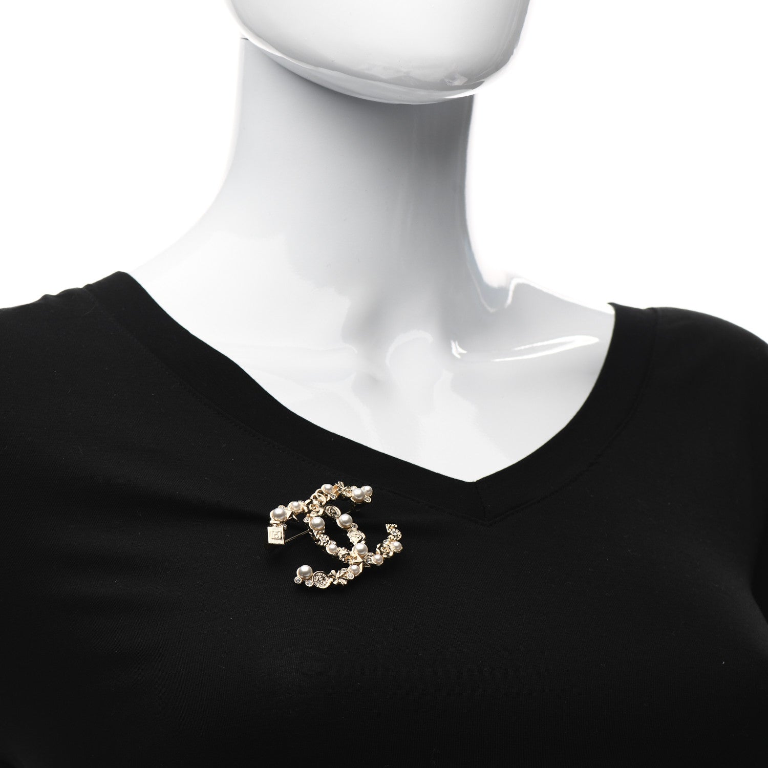 Chanel Crystal Pearl CC Charms Brooch Gold 2 of 4