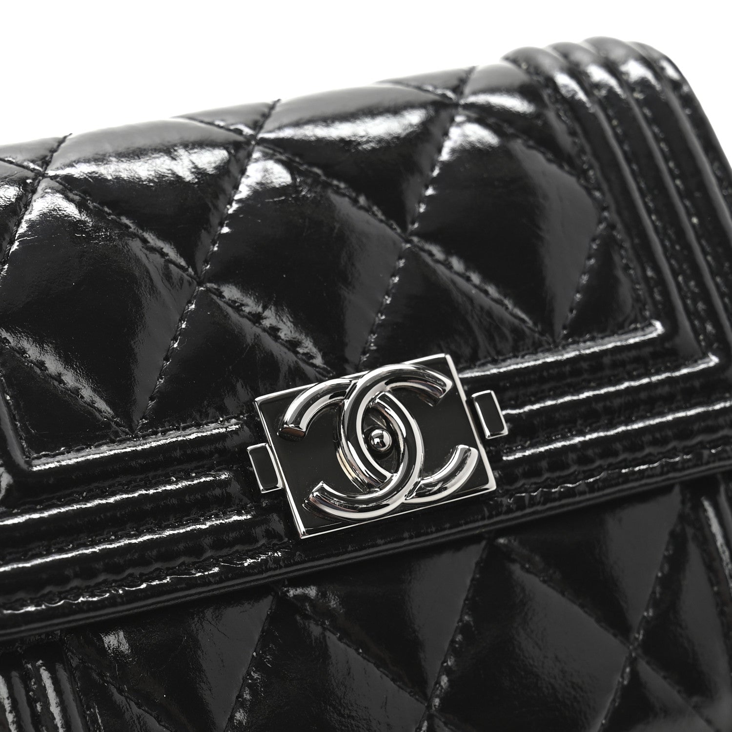 Chanel Distressed Patent Quilted Boy Flap Card Holder Wallet Black 1 of 2