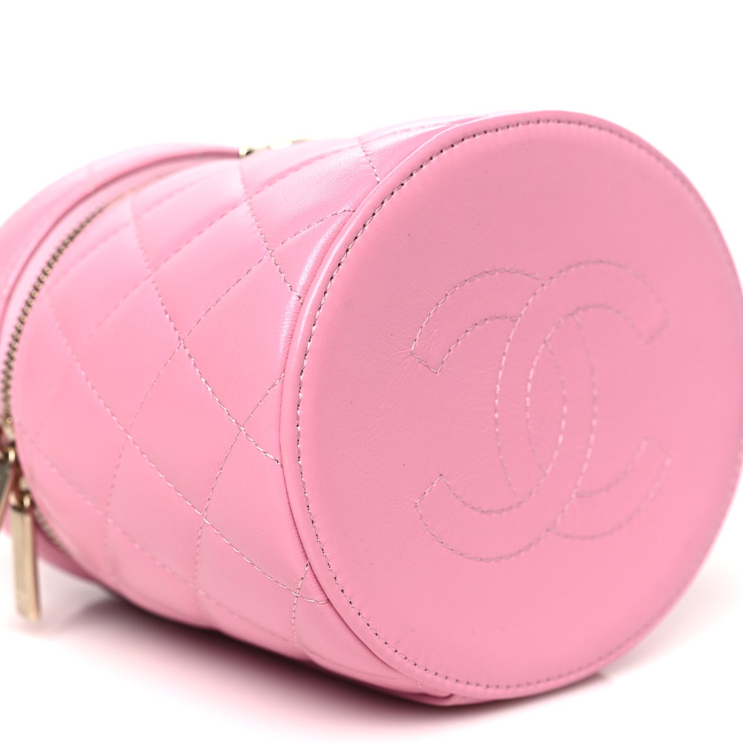 Lambskin Quilted Ruched Handle Vanity Case Pink