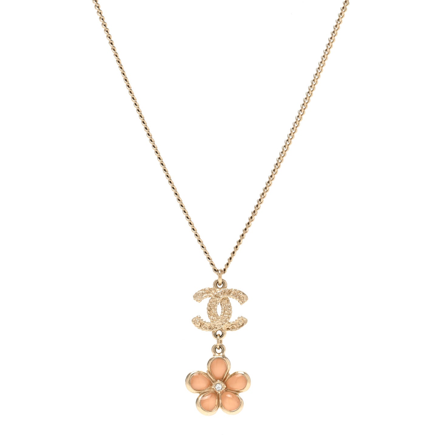Enamel Crystal CC Camellia Pendant Necklace Beige Gold