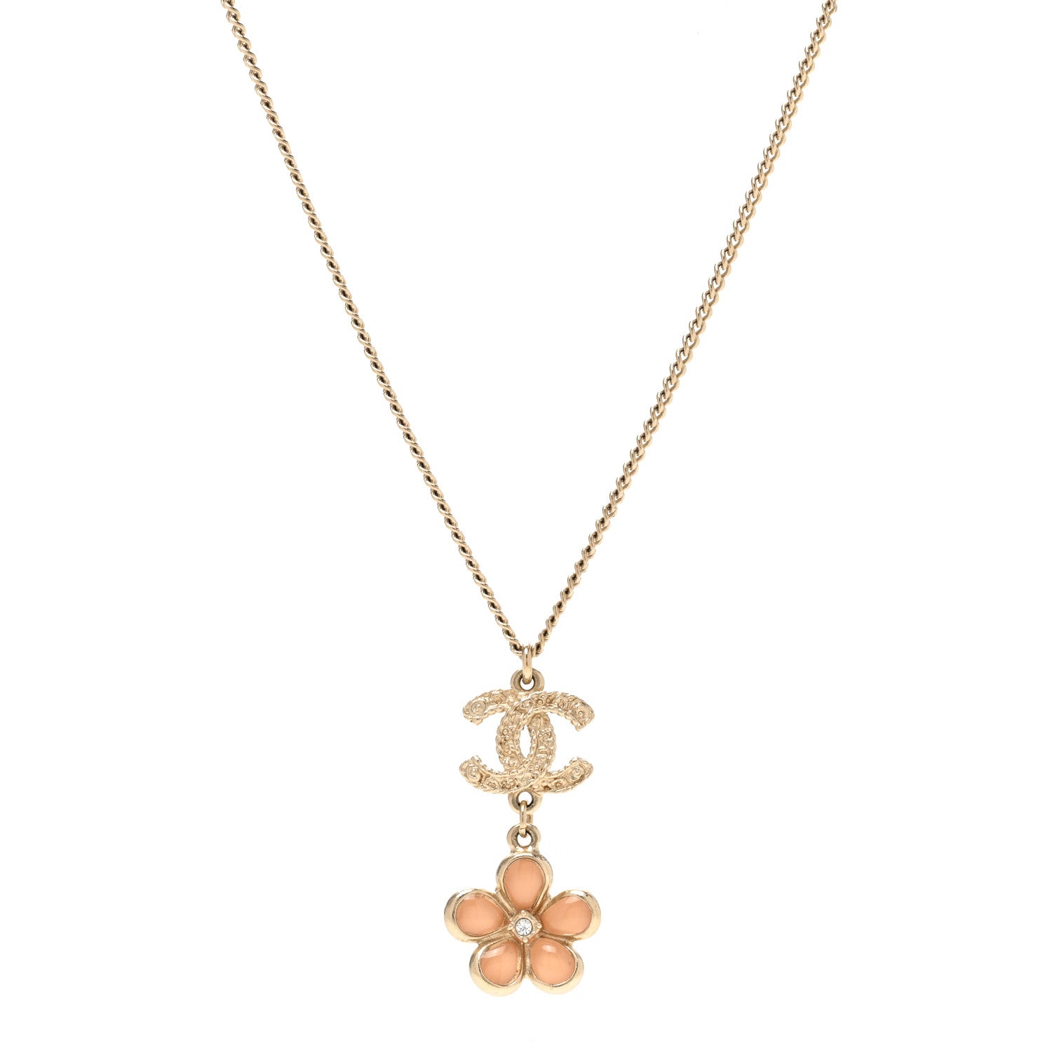Chanel Enamel Crystal CC Camellia Pendant Necklace Beige Gold 1 of 6