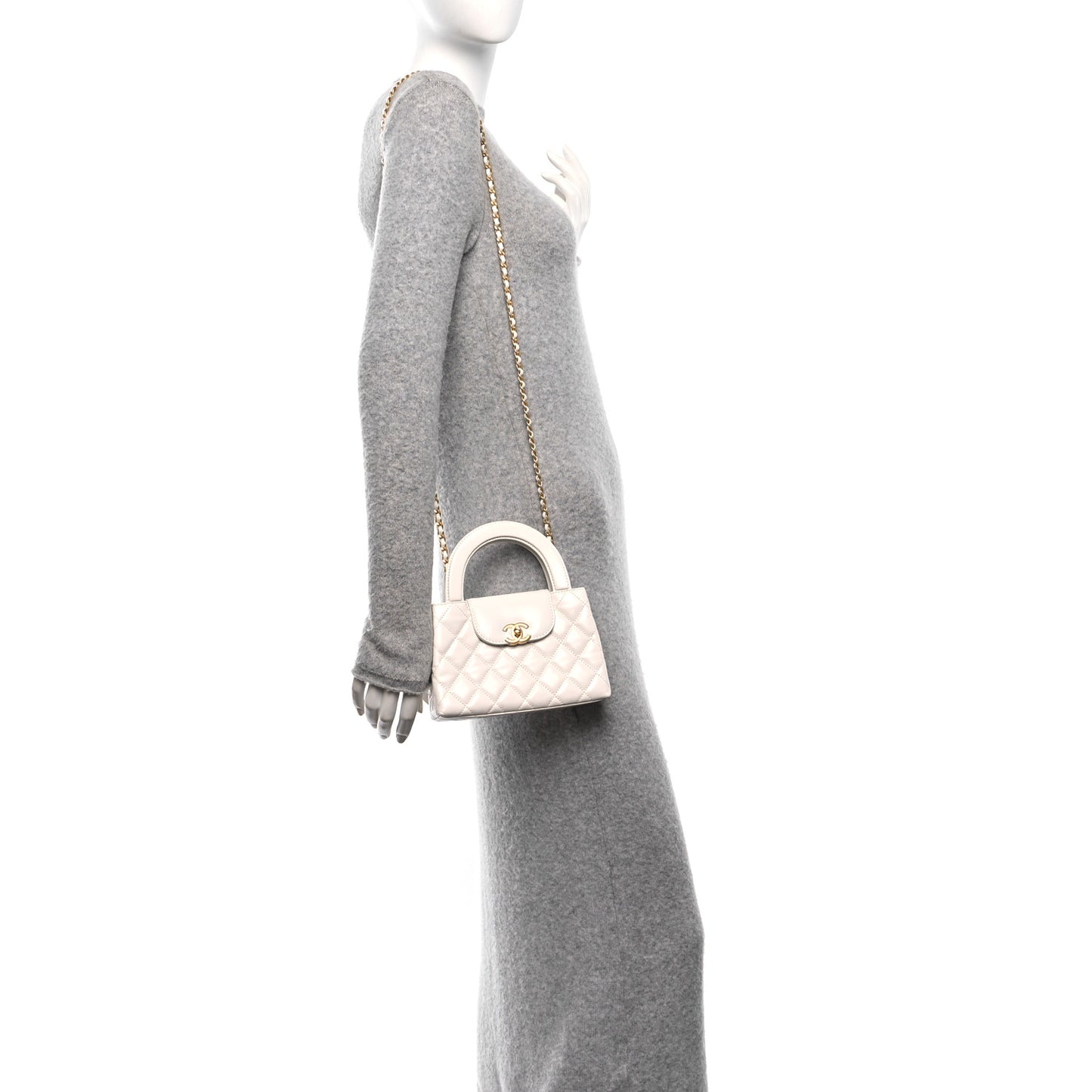 Shiny Aged Calfskin Quilted Nano Kelly Shopper White