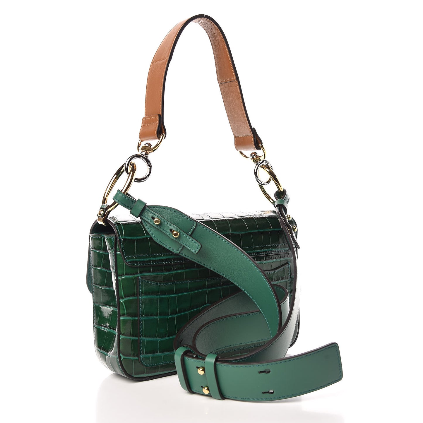 Calfskin Crocodile Embossed Small C Double Carry Woodsy Green