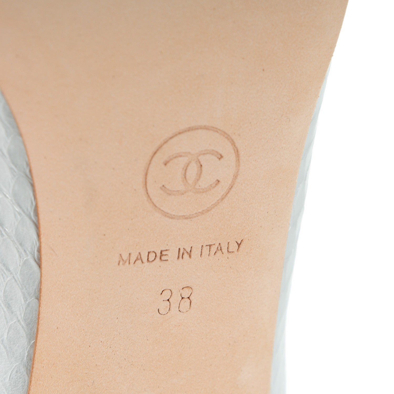 Chanel Patent Snakeskin Pearl Peep Toe Pumps 38 Silver 6 of 9