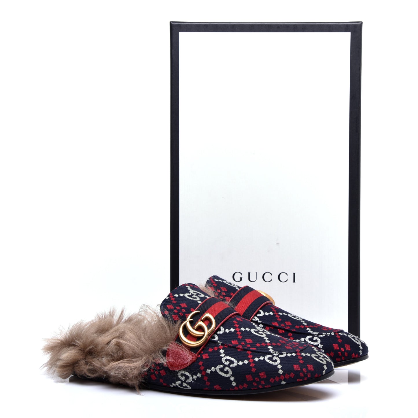 Canvas GG Monogram Diamond Fur Web GG Mens Princetown Slippers 8 Midnight Blue Hibiscus Red