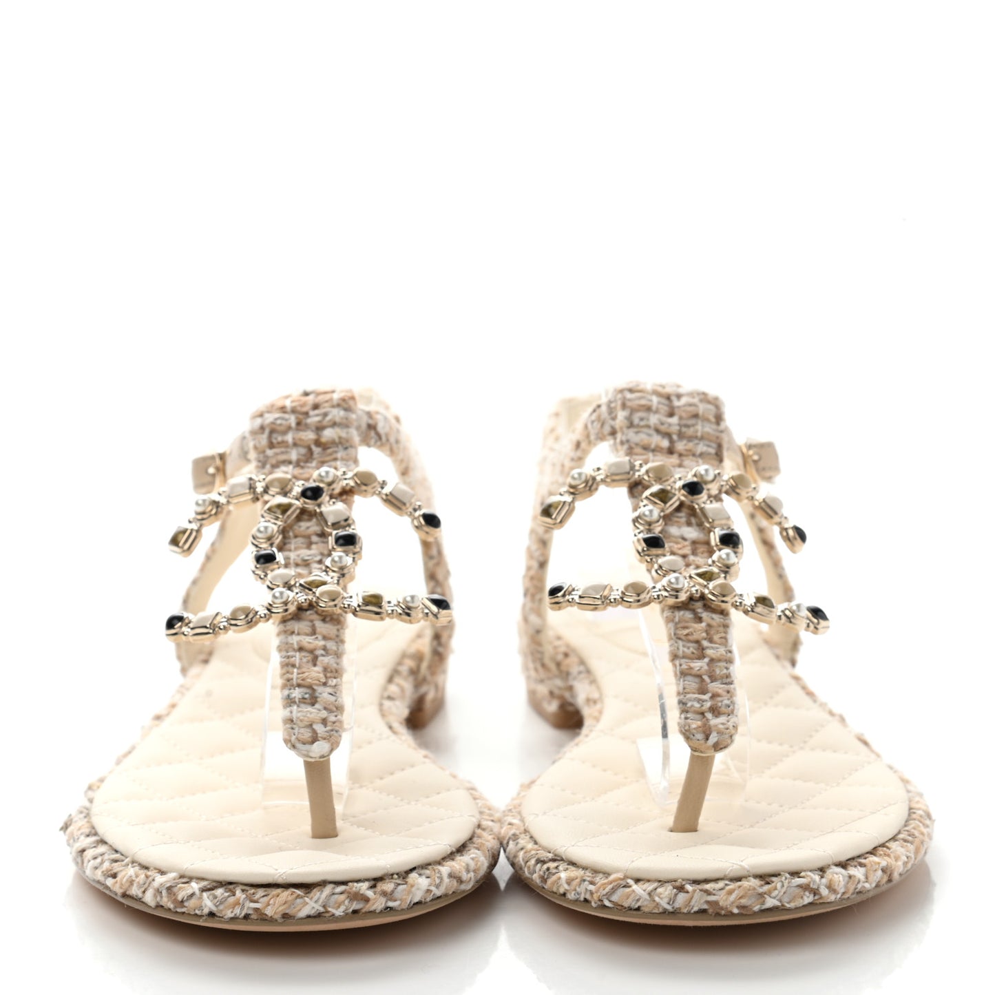 Tweed Pearl CC Thong Sandals 38.5 Ivory