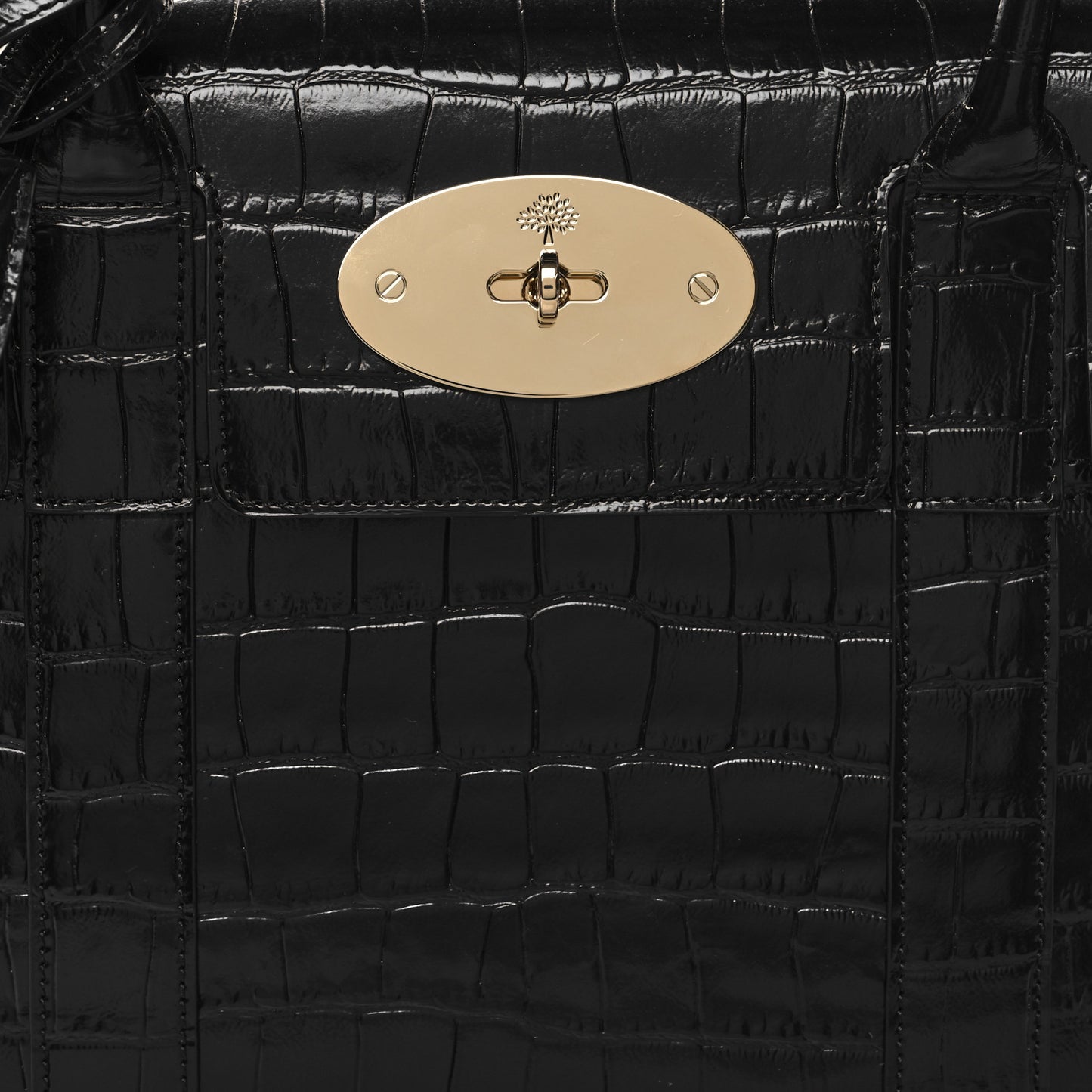 Shiny Calfskin Crocodile Print Small Bayswater Satchel Black