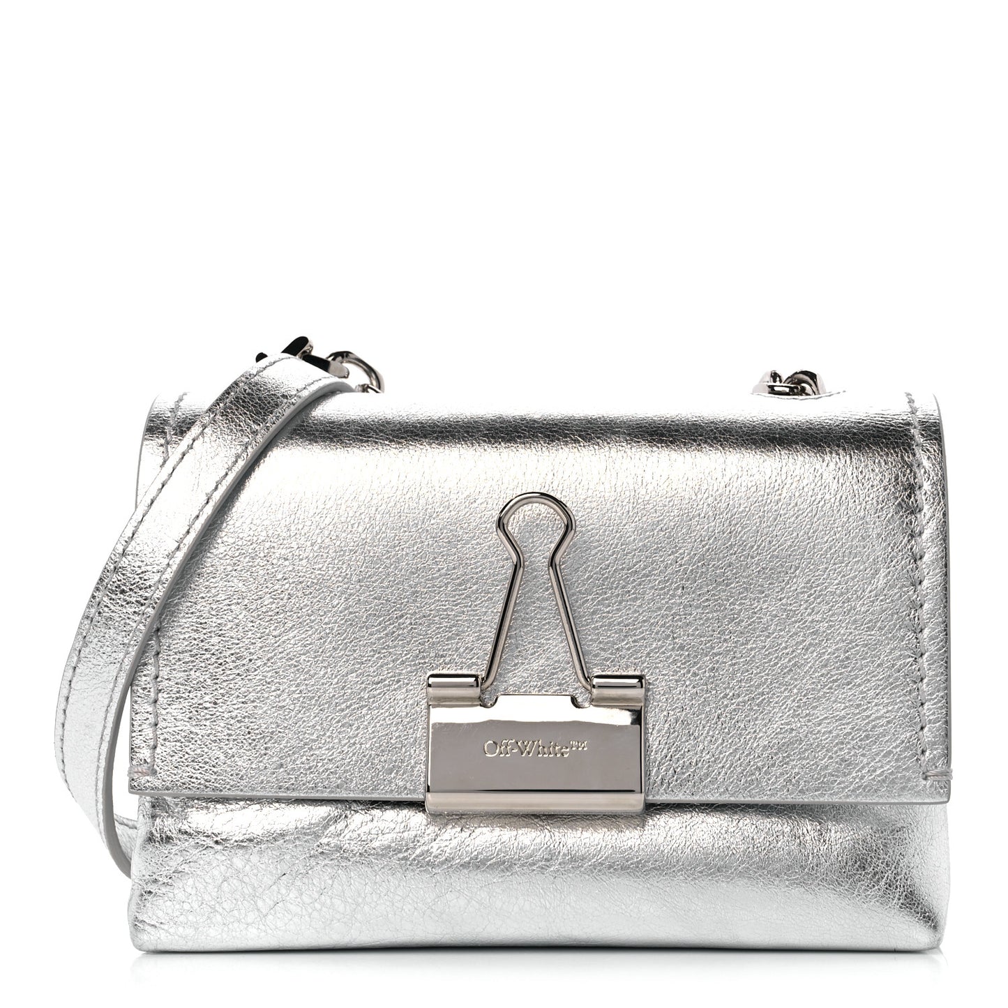 Calfskin Metallic Small Binder Clip Crossbody Silver