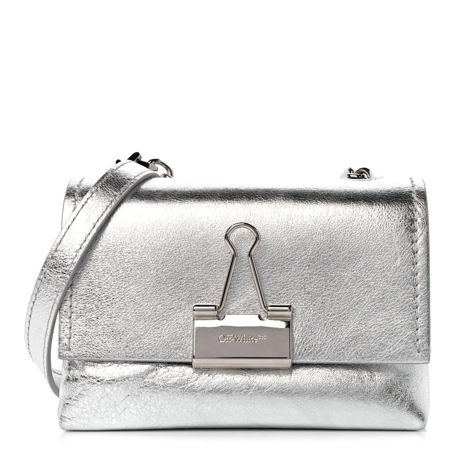 Off-White Calfskin Metallic Small Binder Clip Crossbody Silver 1 of 8