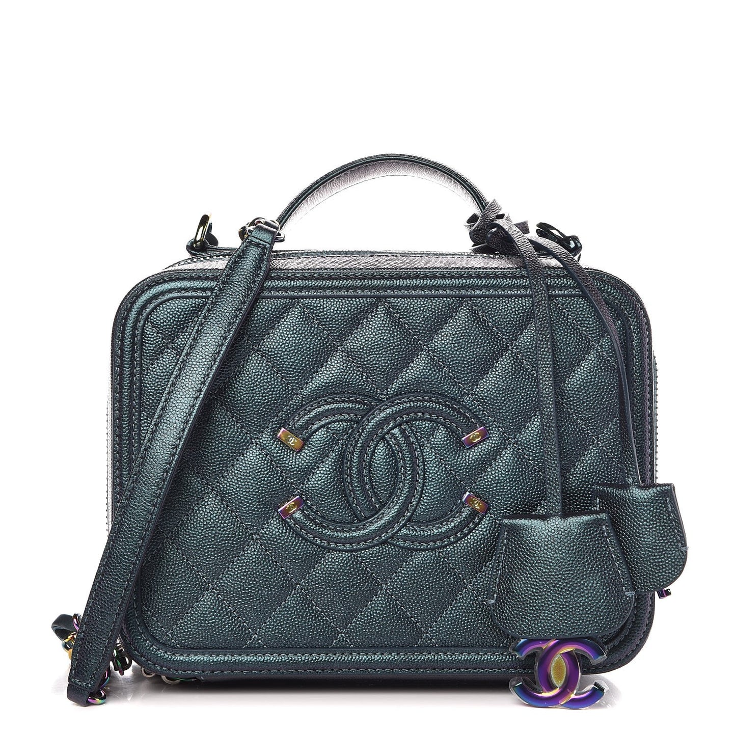 Iridescent Caviar Quilted Medium CC Filigree Vanity Case Dark Turquoise