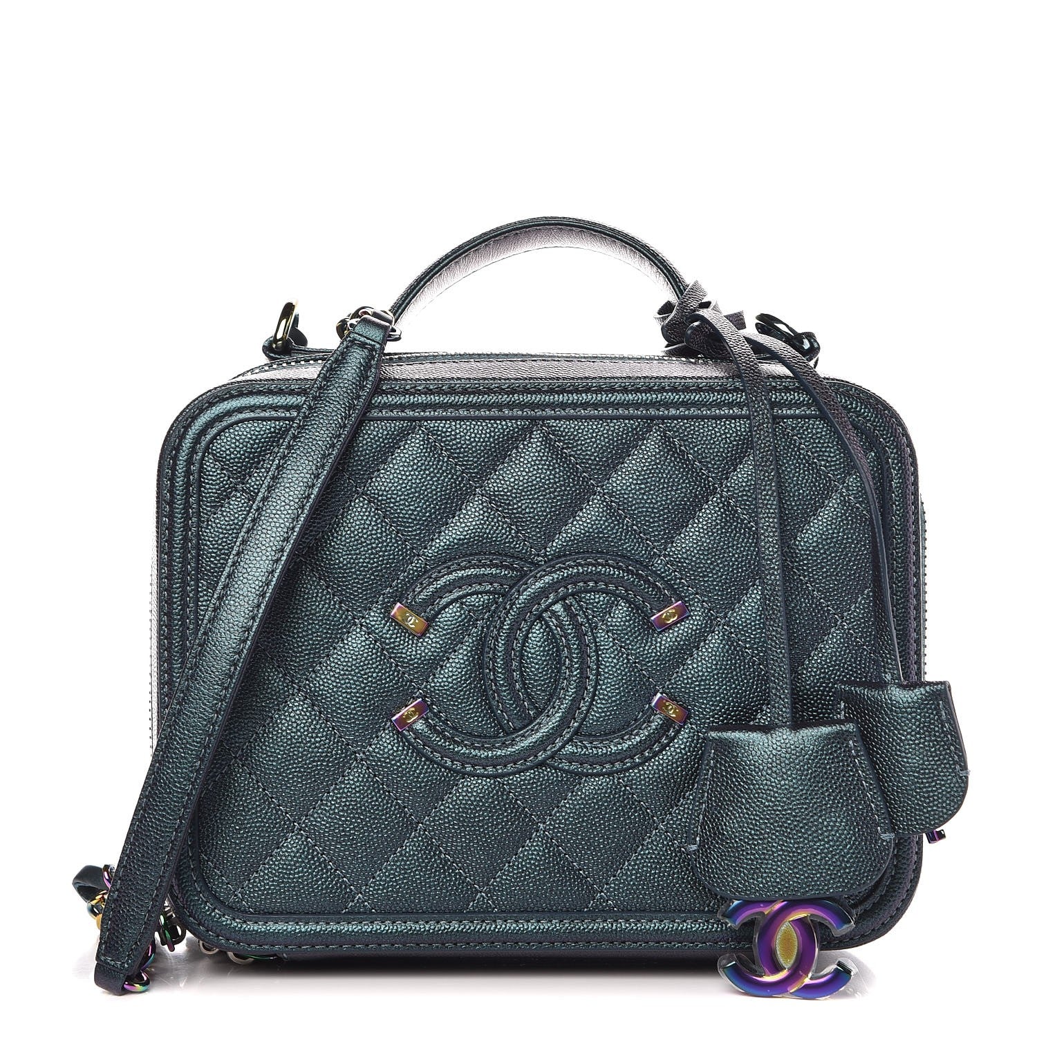 Chanel Iridescent Caviar Quilted Medium CC Filigree Vanity Case Dark Turquoise 1 of 9