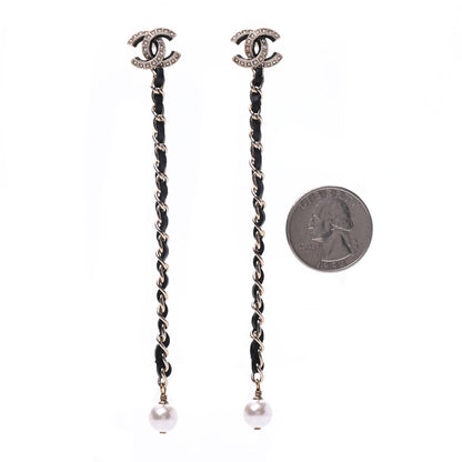 Chanel Pearl Calfskin Chain Long Earrings Gold Black 2 of 5