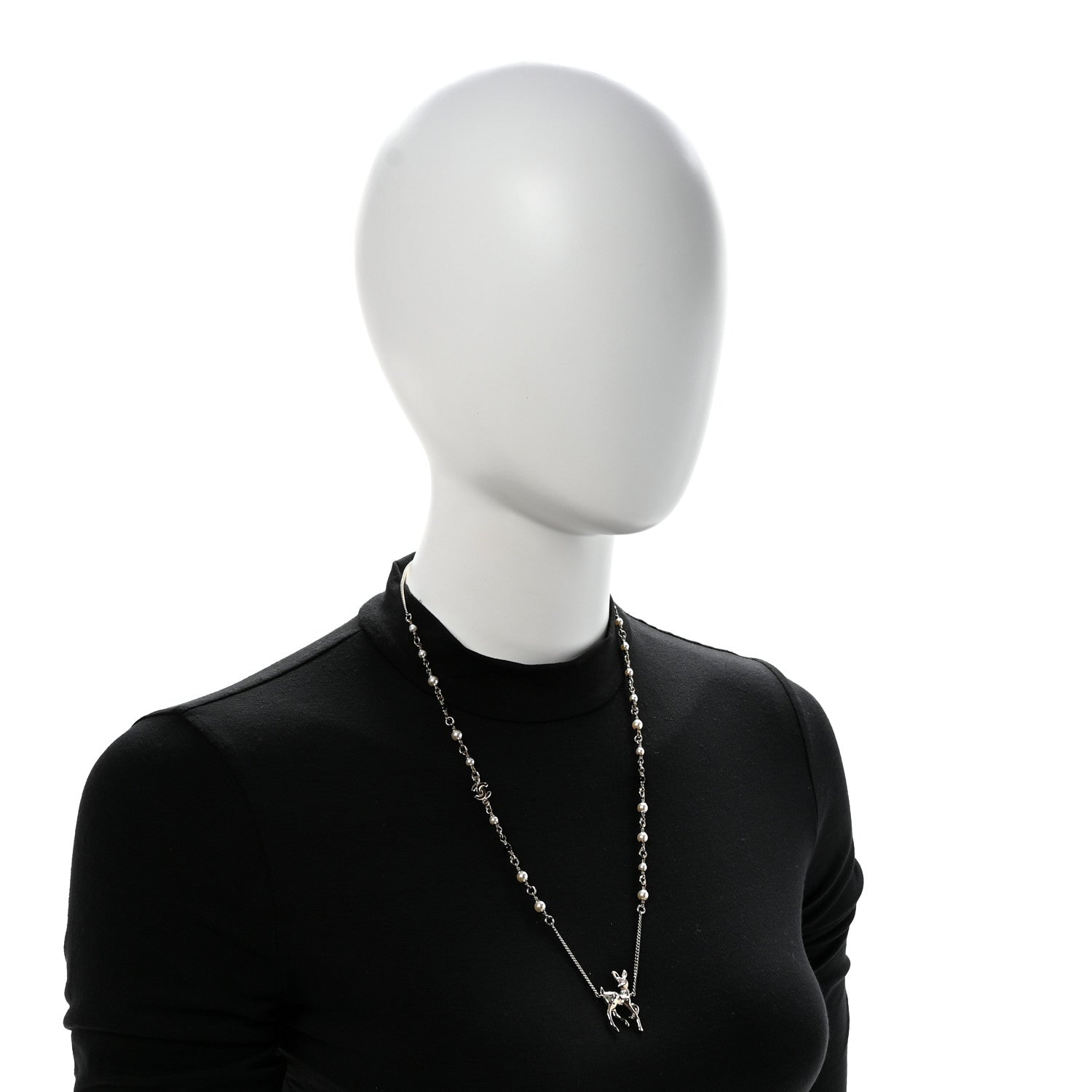 Chanel Pearl Crystal CC Deer Long Necklace Gold Green 2 of 7