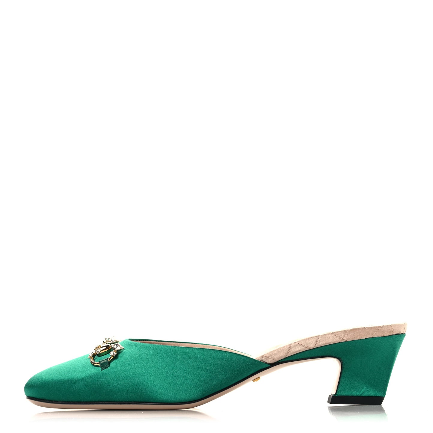 Silk Satin Crystal Embellished Horsebit Mules 38.5 Shamarock Emerald