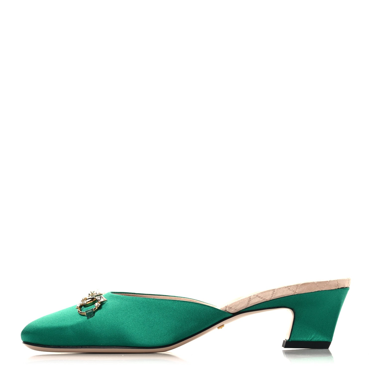 Gucci Silk Satin Crystal Embellished Horsebit Mules 38.5 Shamarock Emerald 1 of 9